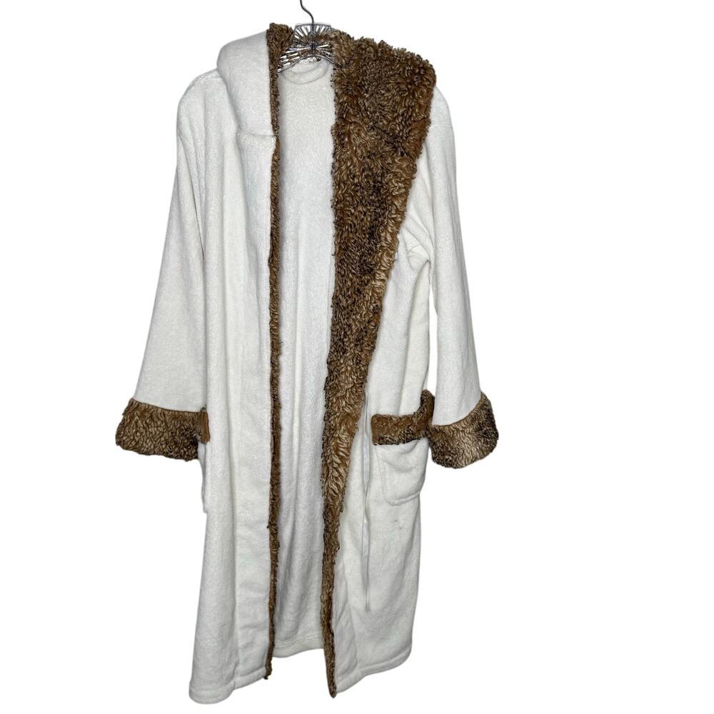 Pottery Barn Hooded Robe‎ Ivory Tan Faux Fur Trim Monogram J Belted Cozy Plush